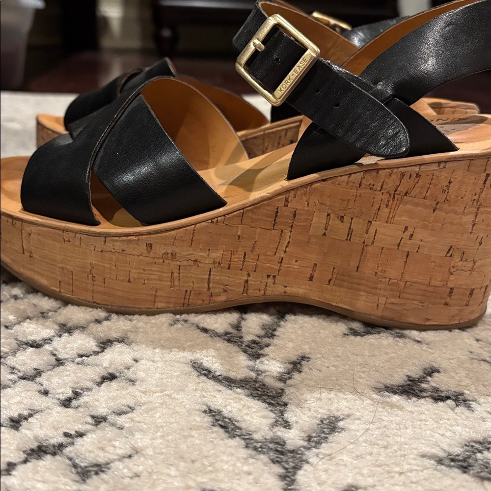 Kork-Ease Black Leather Cork Platform Wedge Sandals - Picture 5 of 5